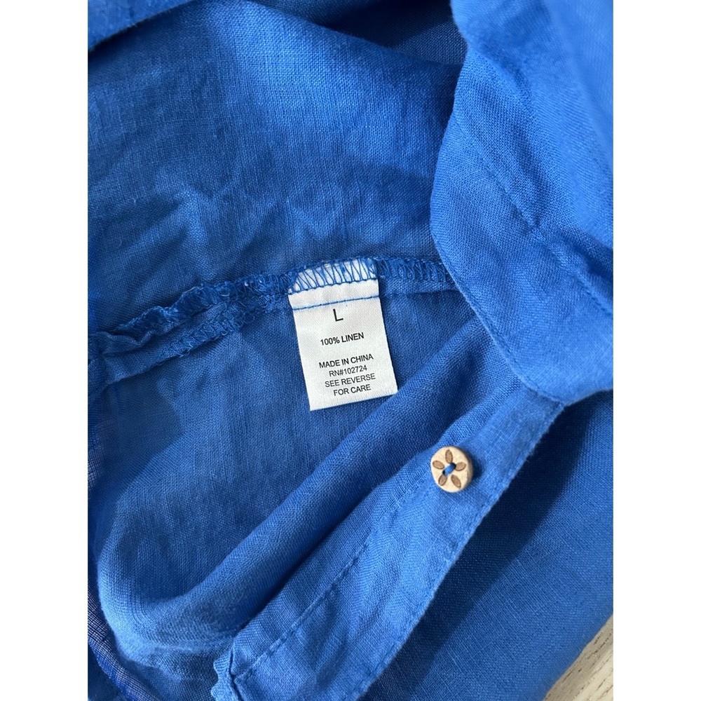 Hester & Orchard Women's Size Large Blue Button Up Shirt Roll Sleeve 100% Linen - Picture 4 of 5